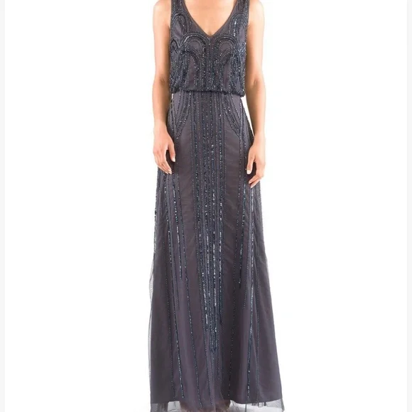 Adrianna Papell | Dresses | Adrianna Papell Gunmetal Grey Beaded Long Dress  | Poshmark